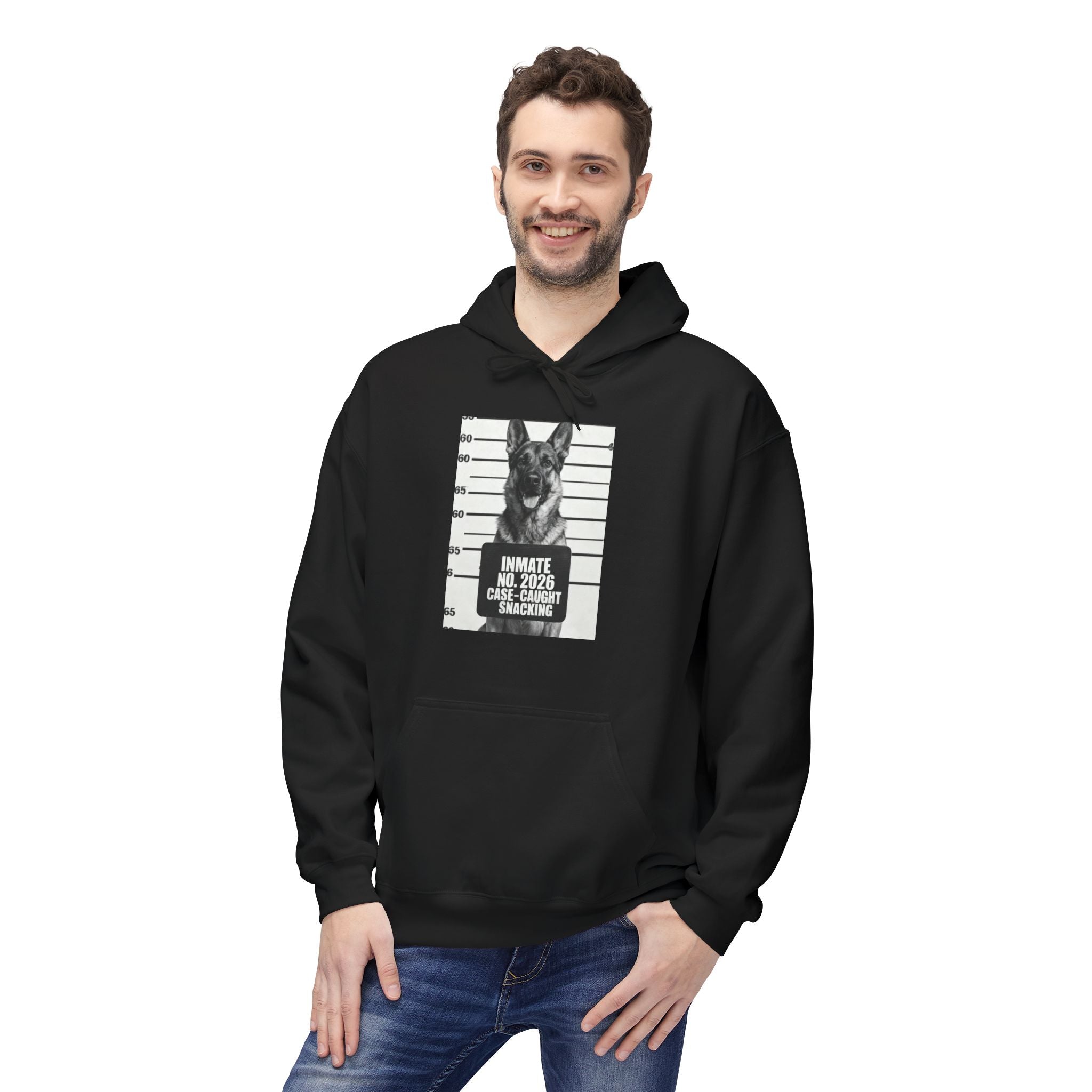 Black hoodie with front graphic of a German Shepherd and text in a badge layout