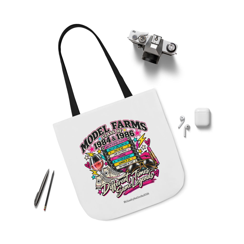 White canvas tote bag with black handles, Model Farms class graphic on the front.