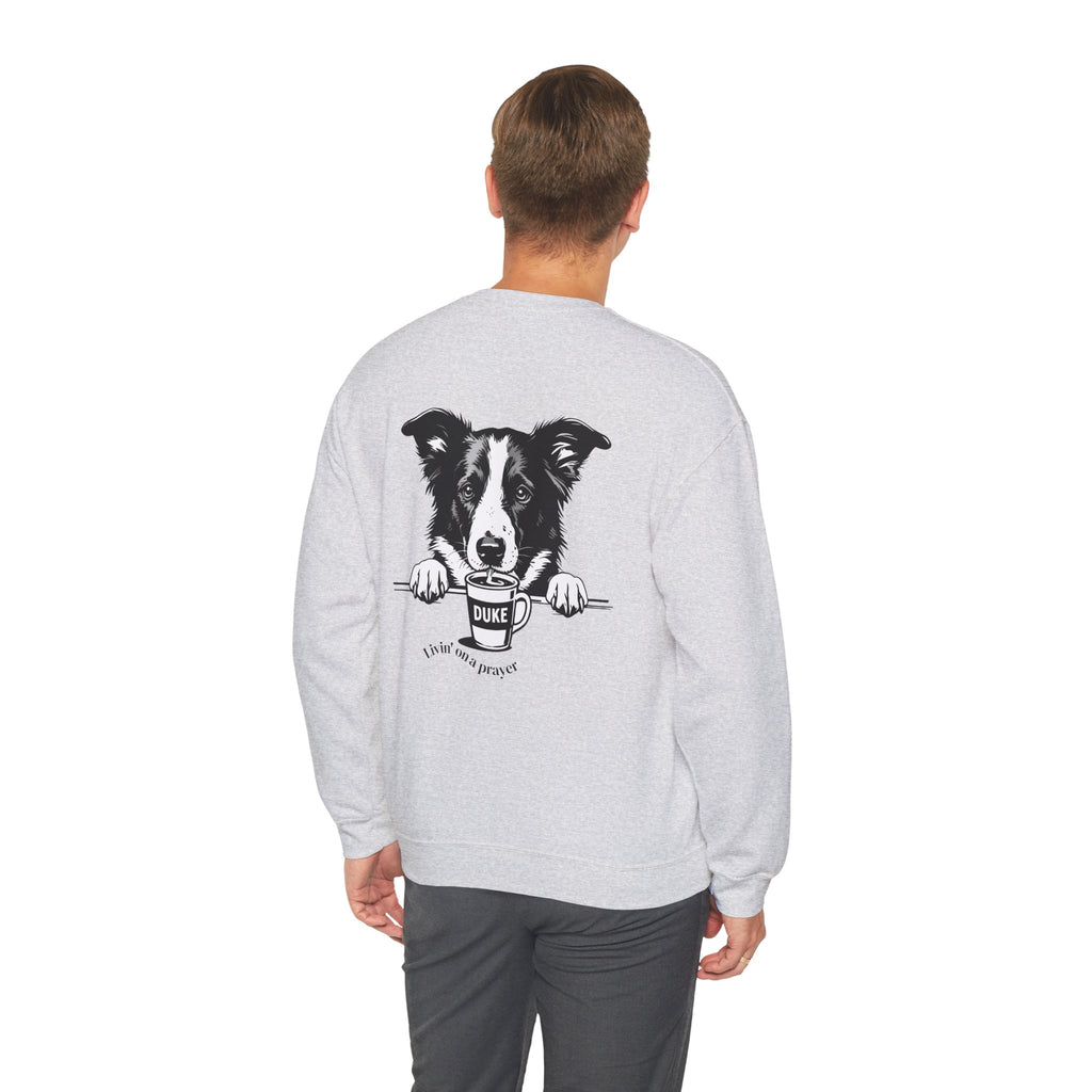 Ash crewneck sweatshirt, back view with border collie graphic