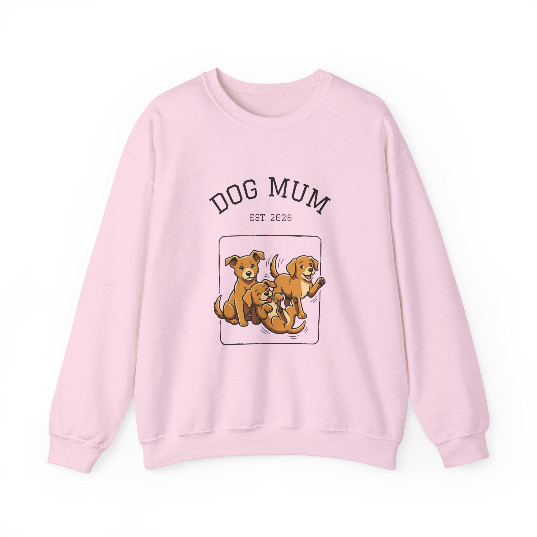 Light pink dog mum crewneck sweatshirt with “DOG MUM” and dogs graphic centered