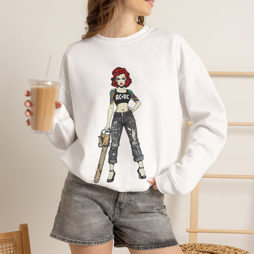 White crewneck sweatshirt with long sleeves and front comic-style band graphic