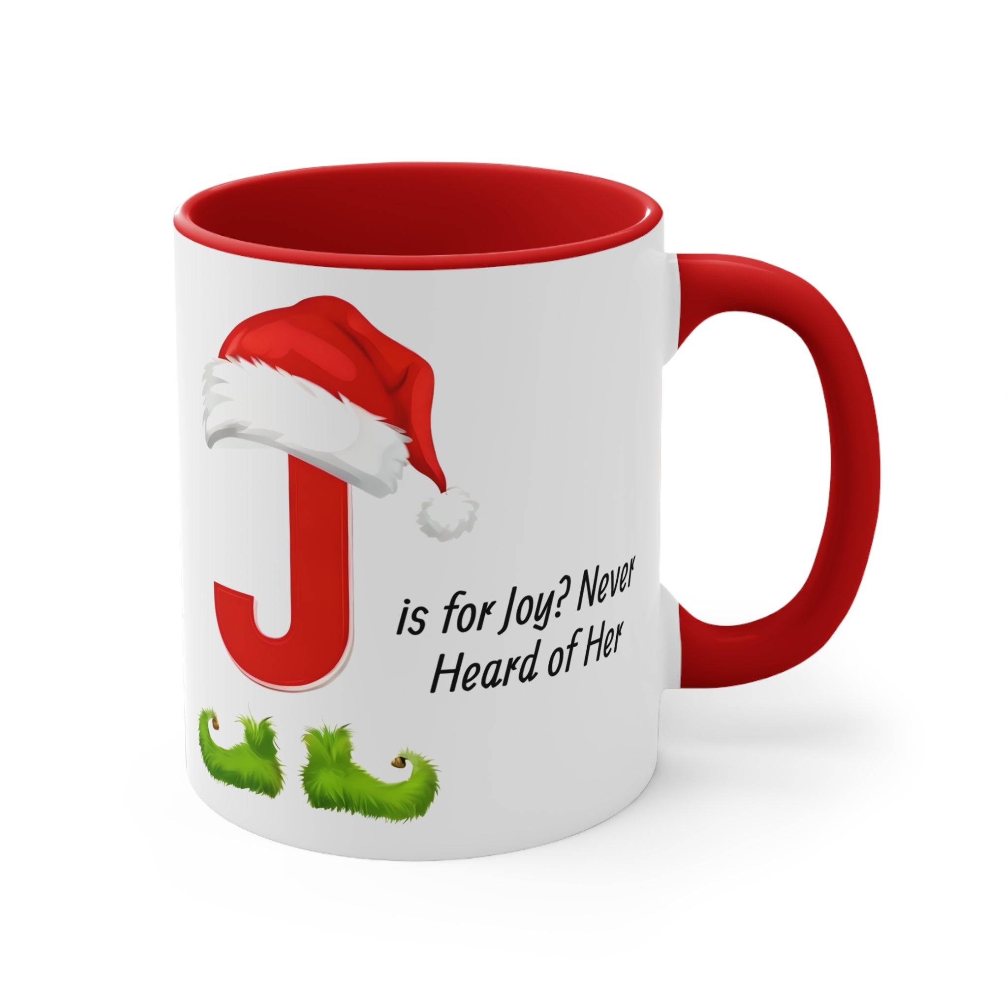 White mug with red handle, red letter J with Santa hat and green boots on front