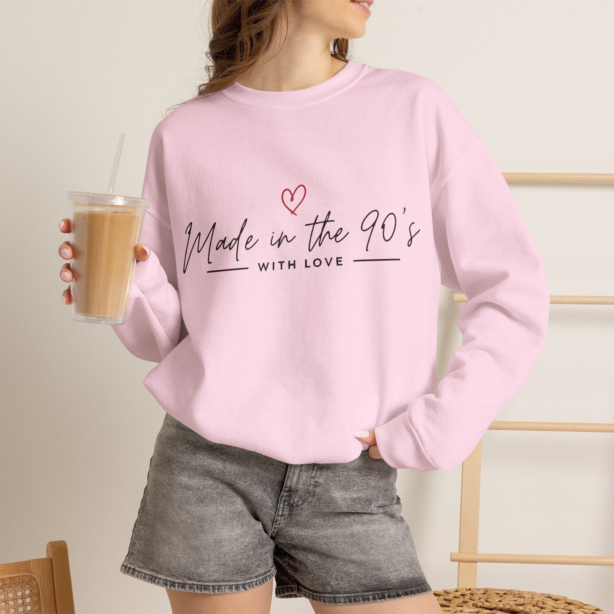 Crewneck Sweatshirt — "Made in the 90's" Retro Heart Graphic, Vintage Mom/90s Birthday Gift