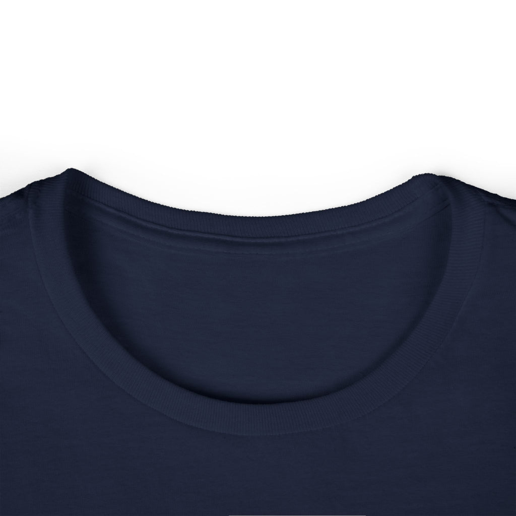 Women's tee, navy scoop neck close-up with no visible graphic.