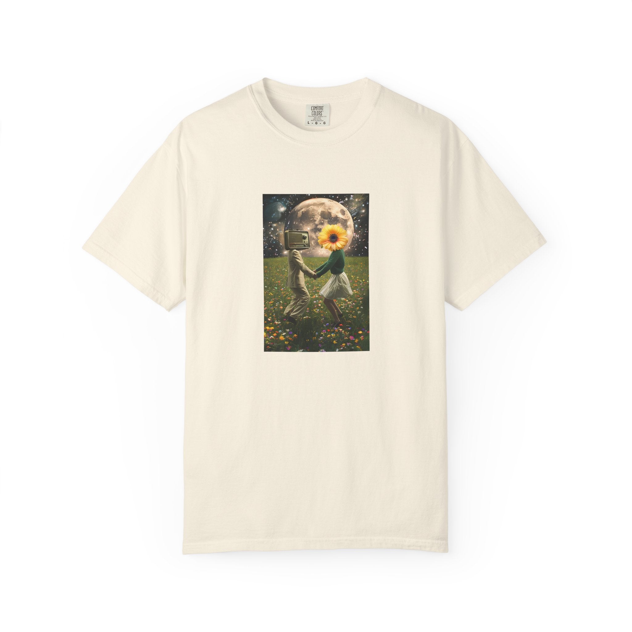 Ivory women's tee with square graphic: moon-lit scene and sunflower in center