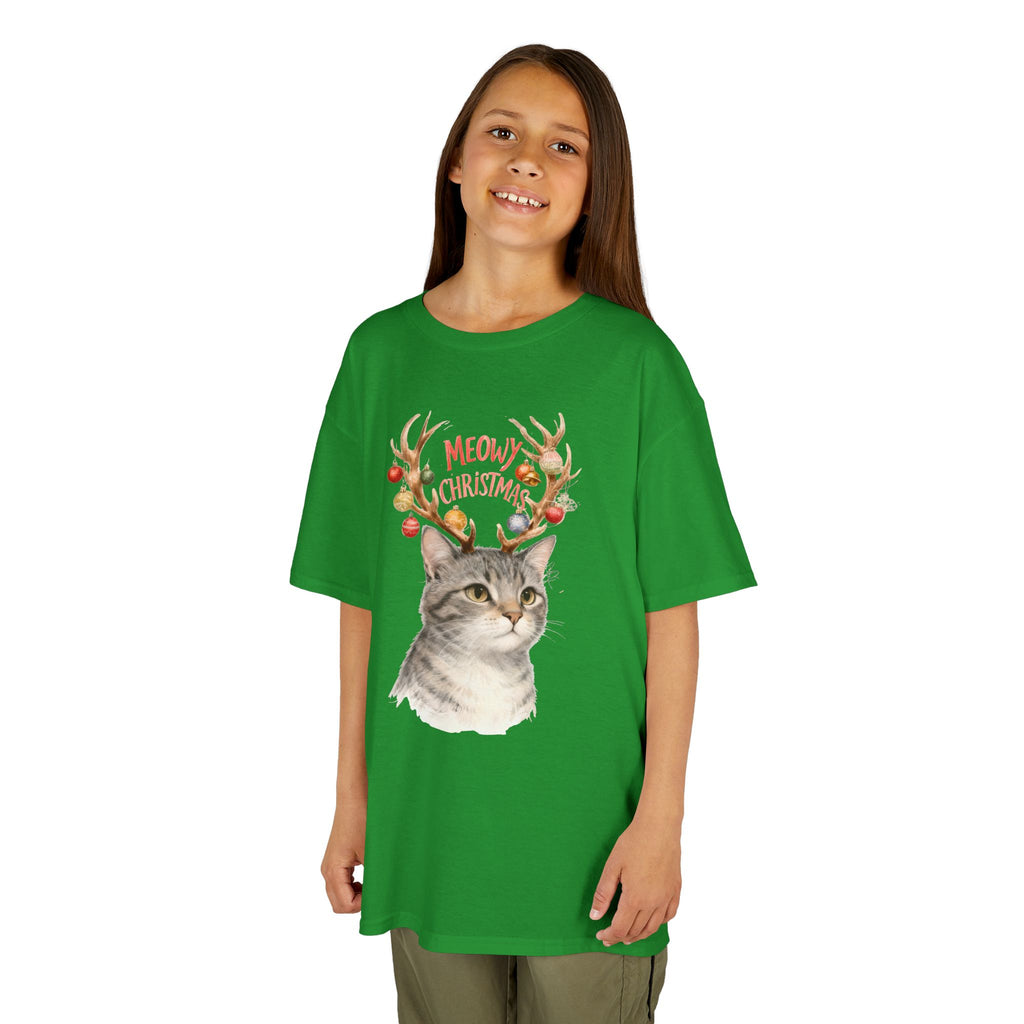 Kids Christmas Cat T‑Shirt — “Meowy Christmas” Reindeer Antler Design