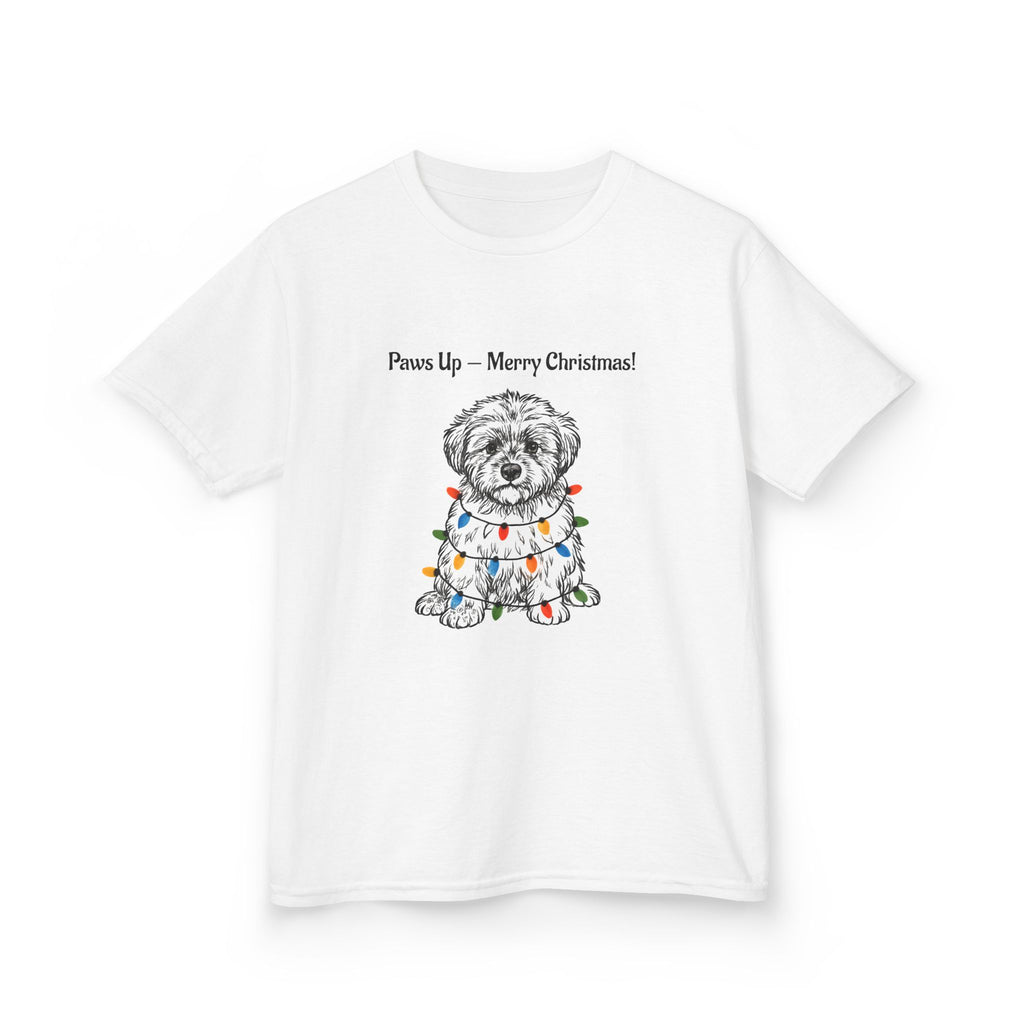Kids white T-shirt featuring Paw-sit dog in winter outfit and “Merry Christmas!” text