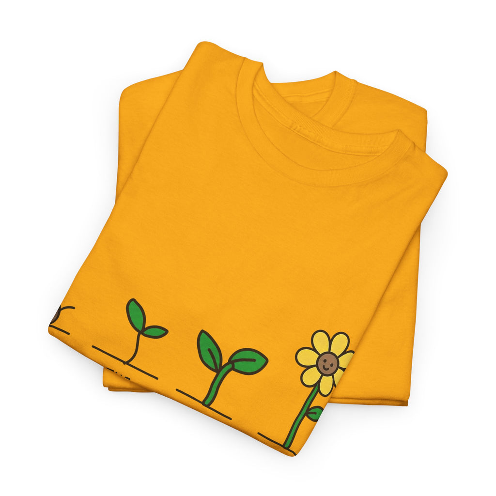 Gold crew-neck T-shirt with seedling-to-flower graphic