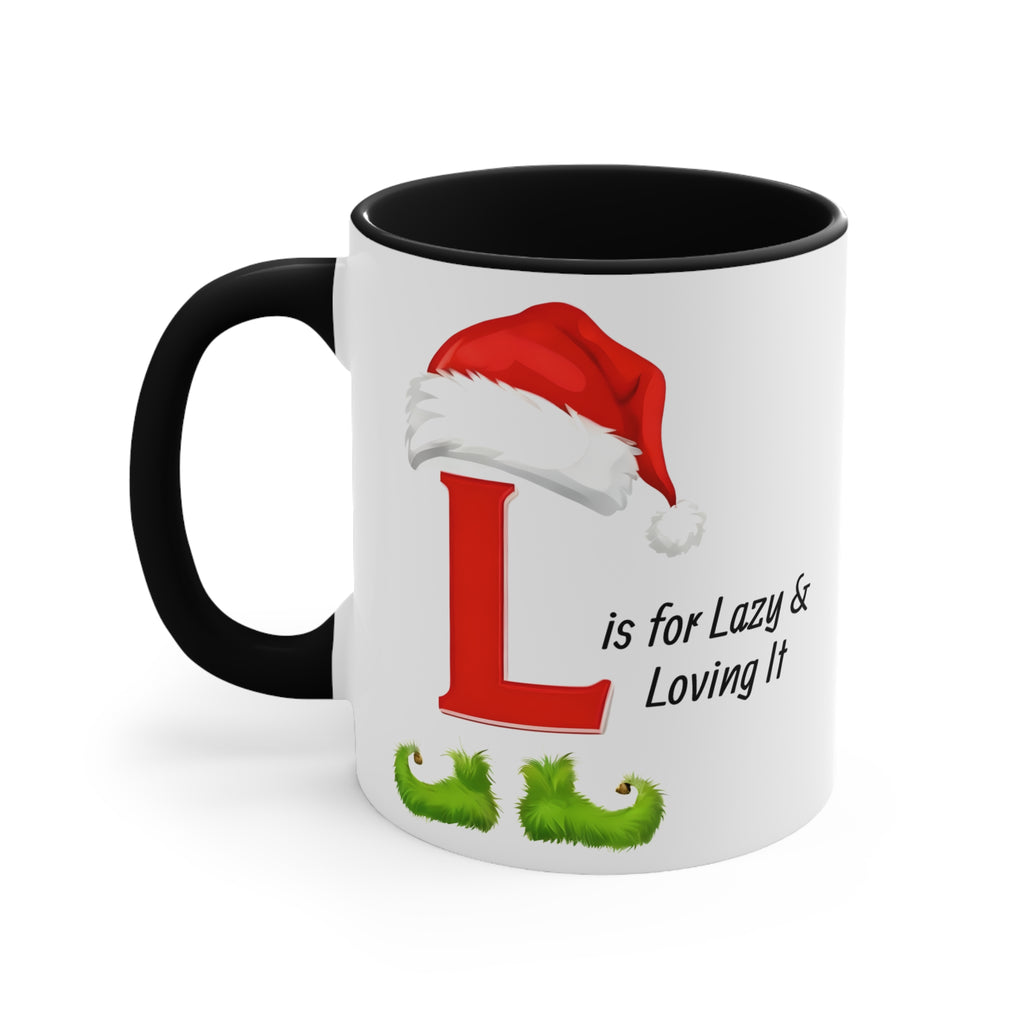 Christmas letter L mug, white with black handle; front design shows red L, Santa hat, green beard.