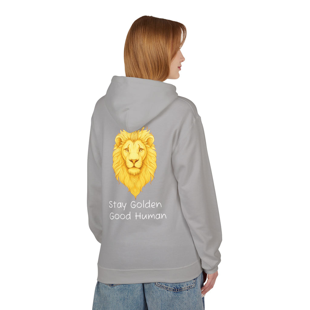Light gray unisex hoodie, back print with golden lion head and “Stay Golden Good Human”