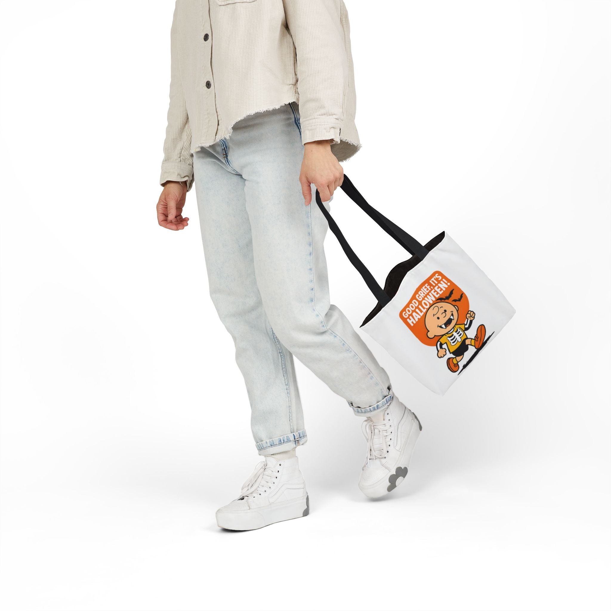 White canvas tote with black handles, “Good Grief, It’s Halloween!” cartoon front graphic.