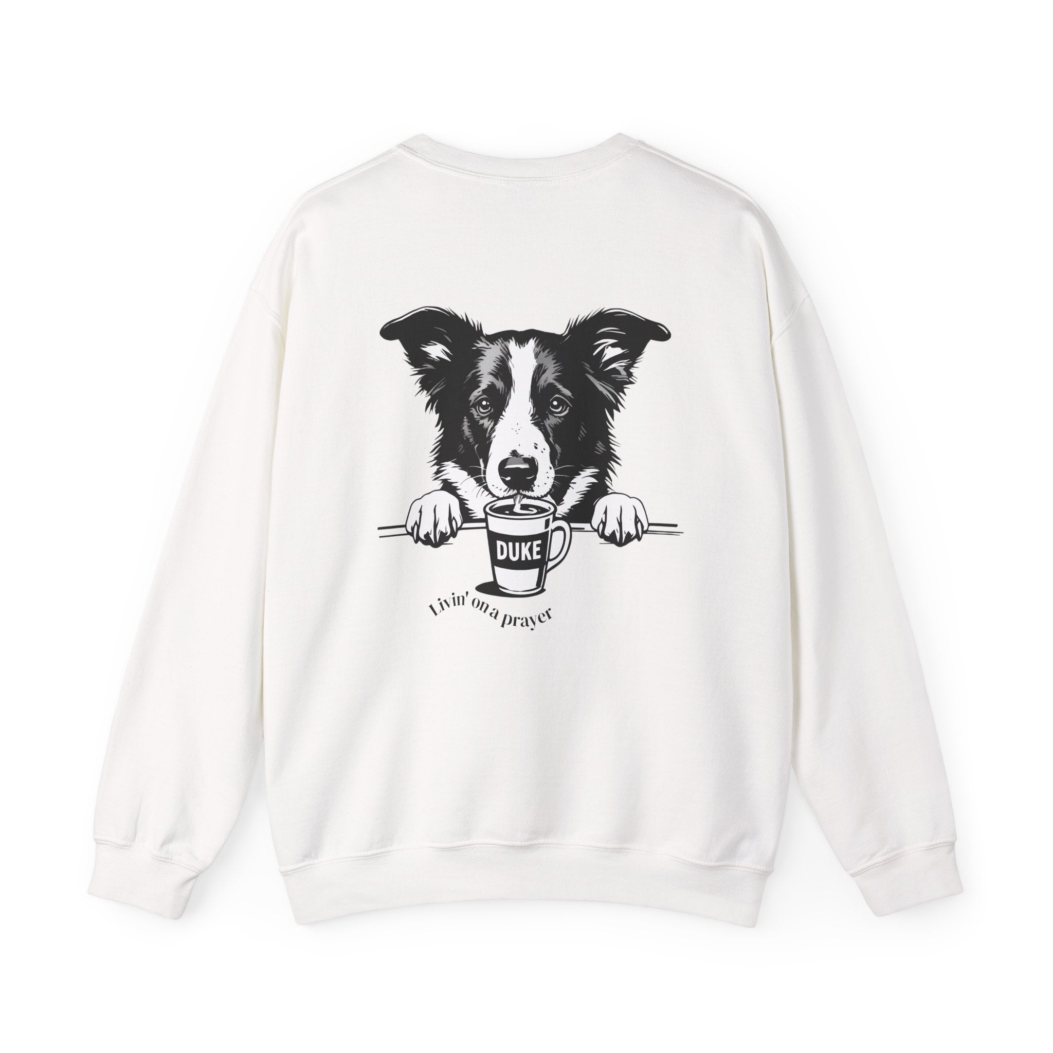 White crewneck sweatshirt, front view with border collie graphic