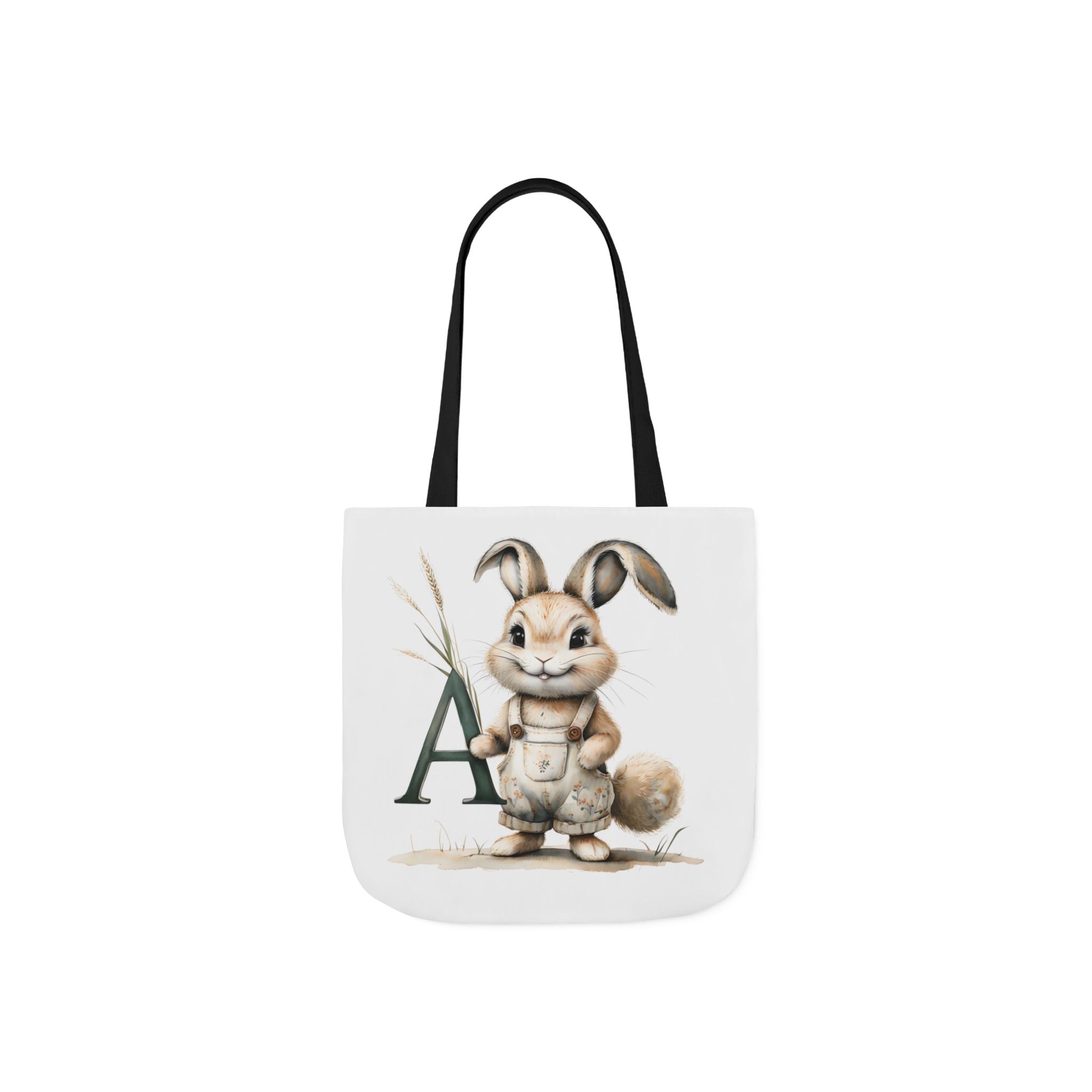 White canvas tote bag with black handles and rabbit A letter graphic