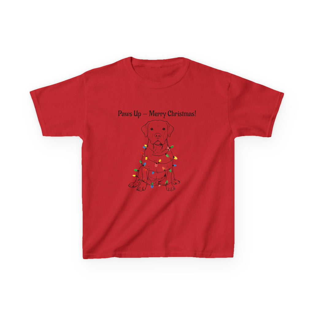 Kids red graphic tee with puppy in Christmas lights and small message on front