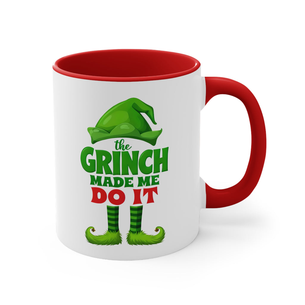 White 11oz Christmas mug, red interior and handle, Grinch 'Made Me Do It' design.
