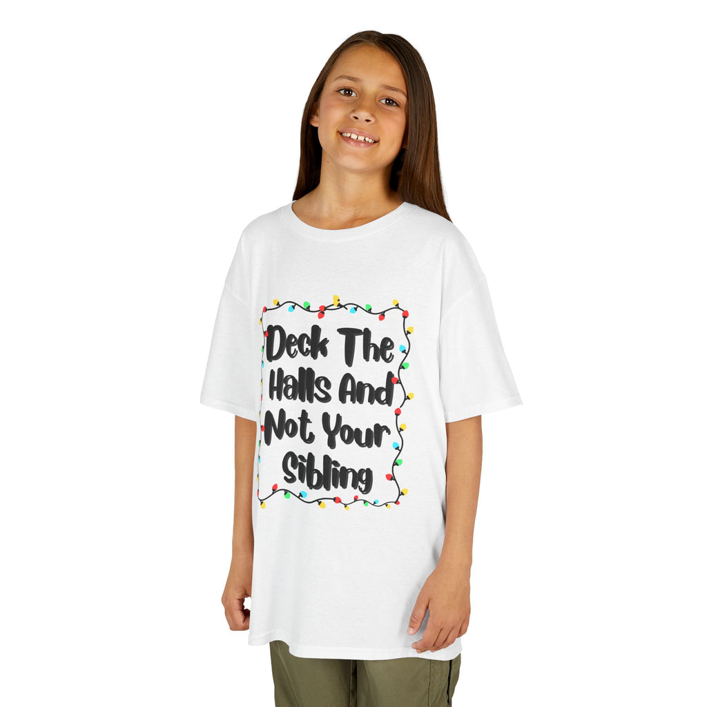 White kids T-shirt with colorful wreath light graphic and "Deck the Halls" text