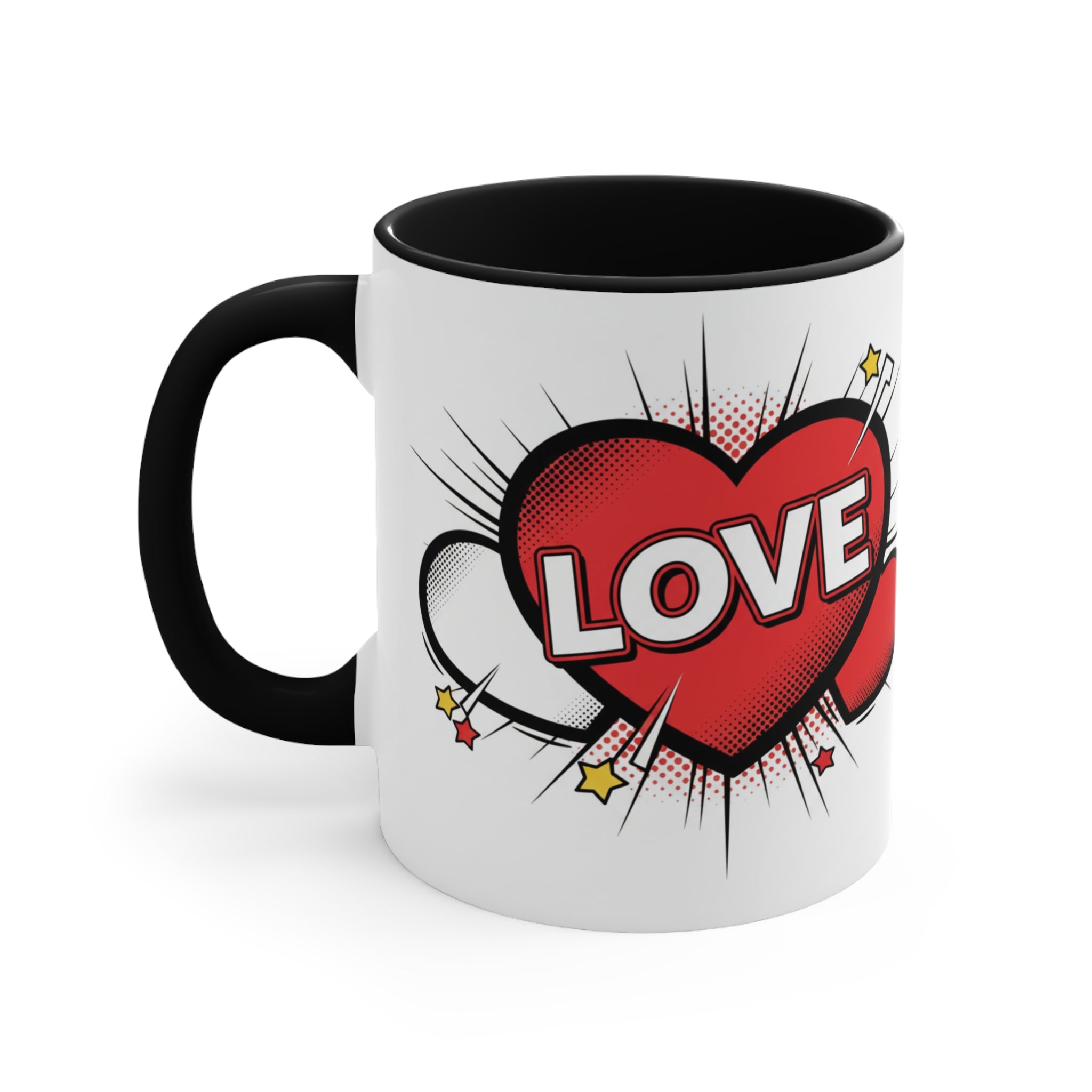 White mug with black handle and rim, red heart LOVE logo with comic burst