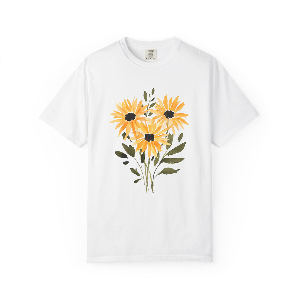 White t-shirt with sunflower bouquet graphic in orange, yellow, and dark accents