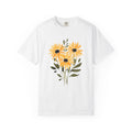 White t-shirt with sunflower bouquet graphic in orange, yellow, and dark accents