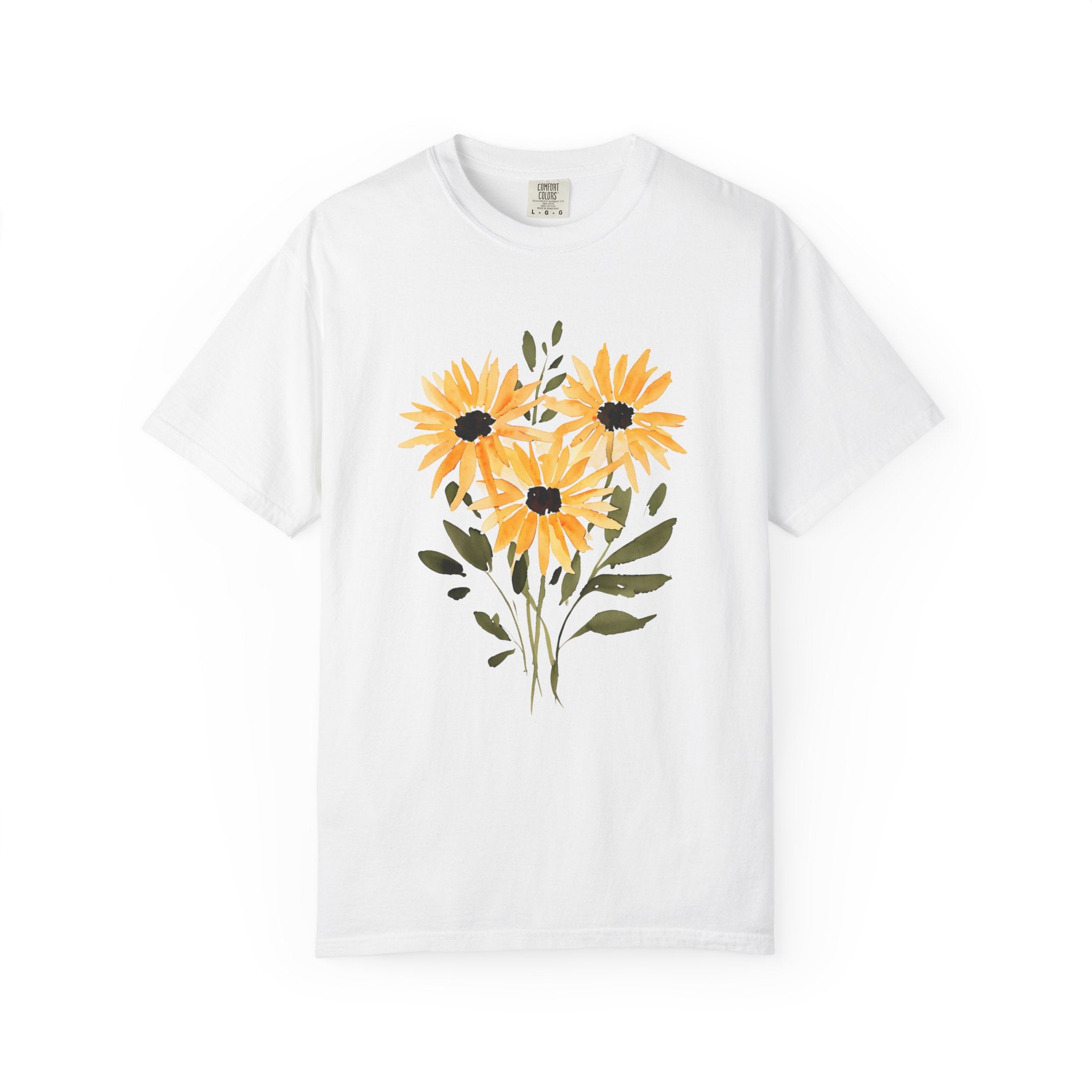 White t-shirt with sunflower bouquet graphic in orange, yellow, and dark accents