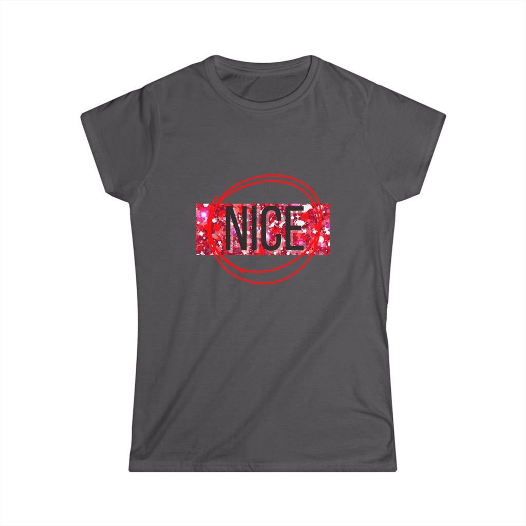 Women’s graphic tee, charcoal gray, “NICE” front print with red circle