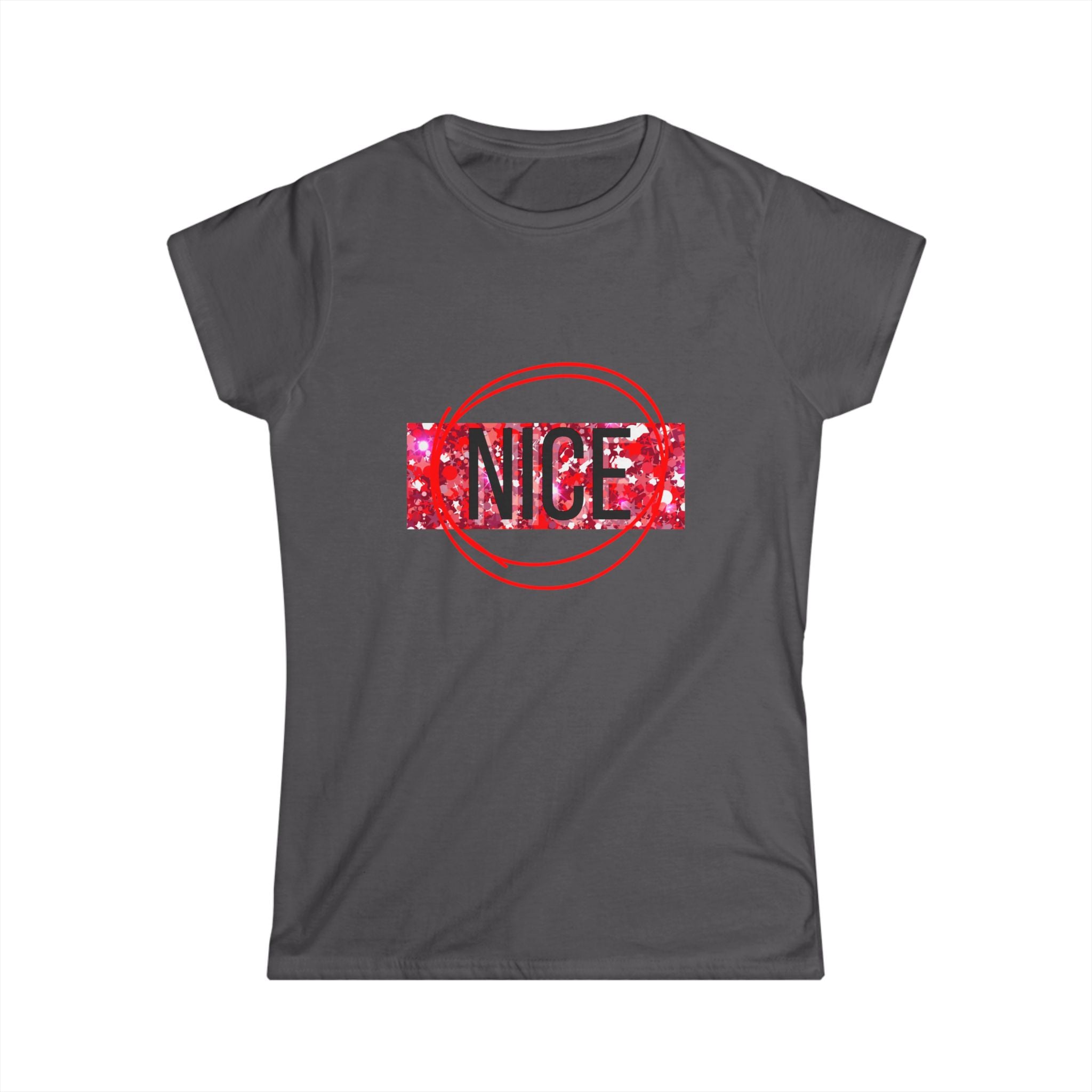 Women’s graphic tee, charcoal gray, “NICE” front print with red circle