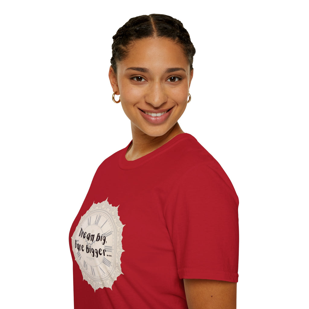 Red T-shirt with circular clock-style motivational graphic, short sleeves