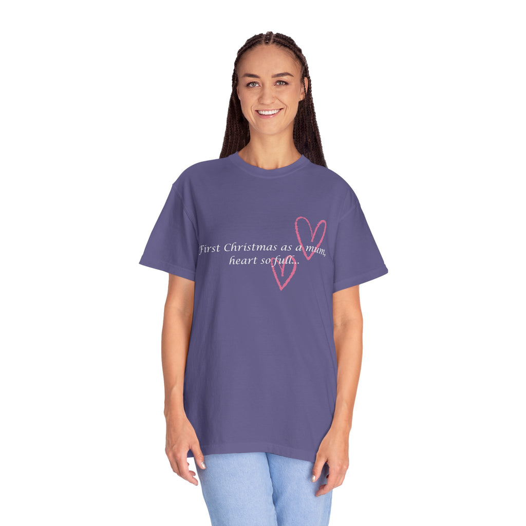 Women’s purple T-shirt worn by a model with pink “First Christmas as a mum” heart print