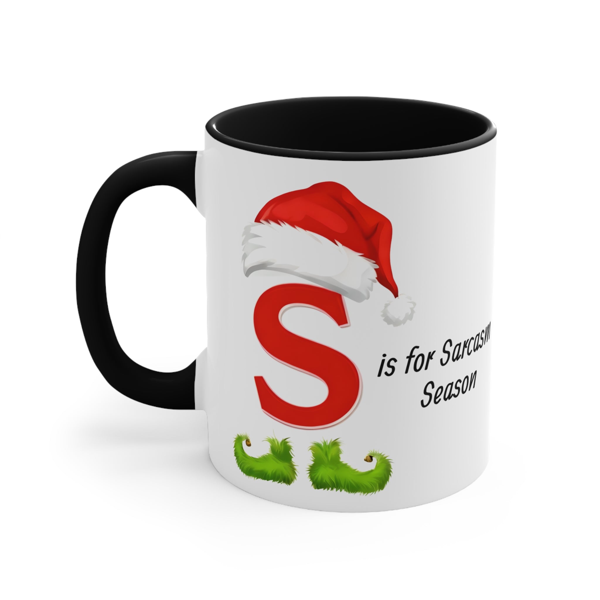 White ceramic mug with black interior and handle, large red S, Santa hat, and 'Sarcasm' text