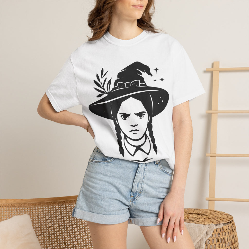 White graphic witch hat T-shirt with black witch portrait and star accents