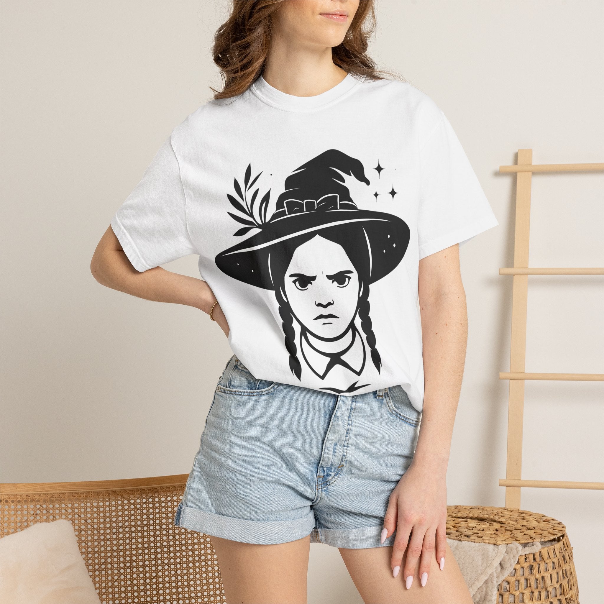 White graphic witch hat T-shirt with black witch portrait and star accents
