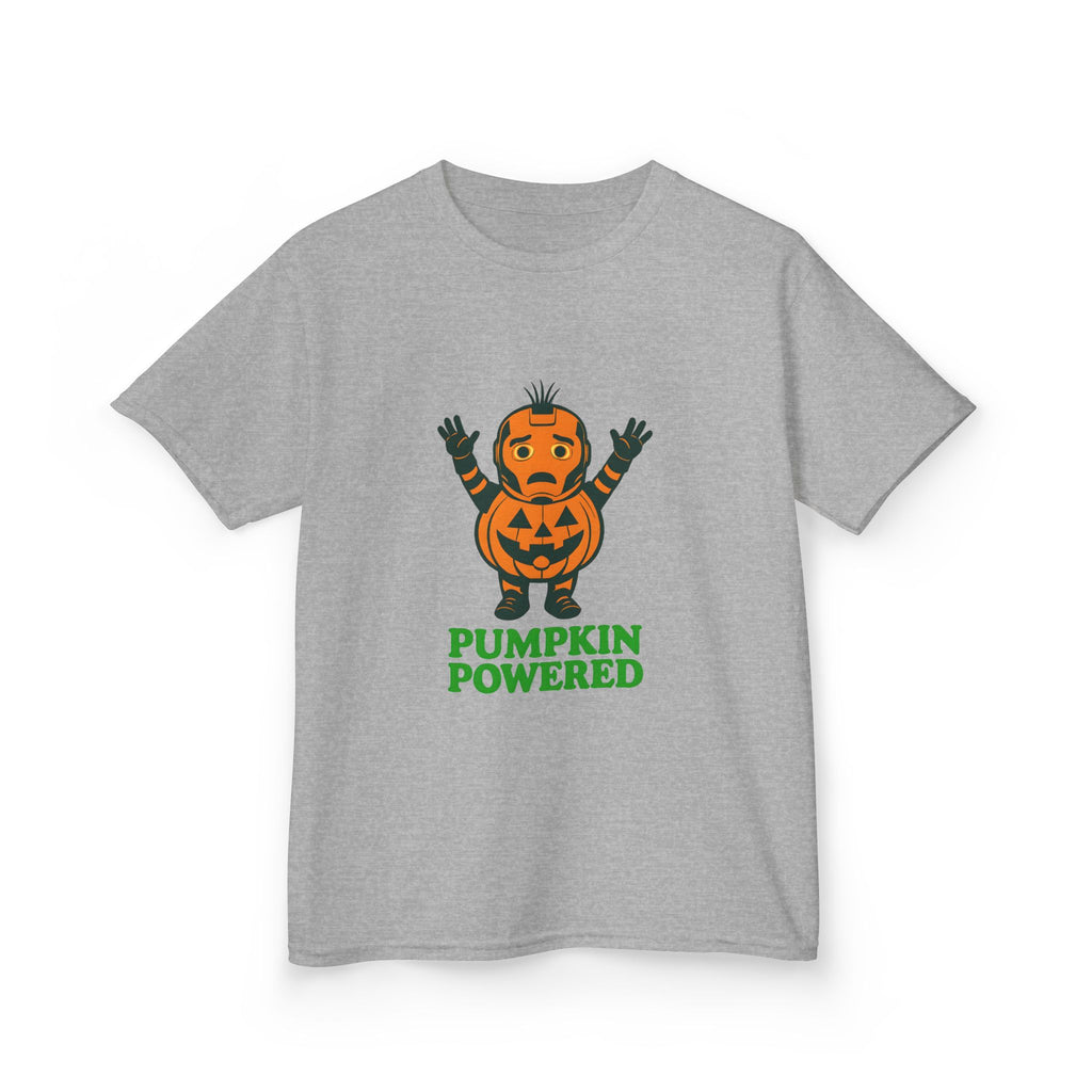 Kids Halloween T-shirt, heather gray, front view with jack-o'-lantern and “PUMPKIN POWERED”