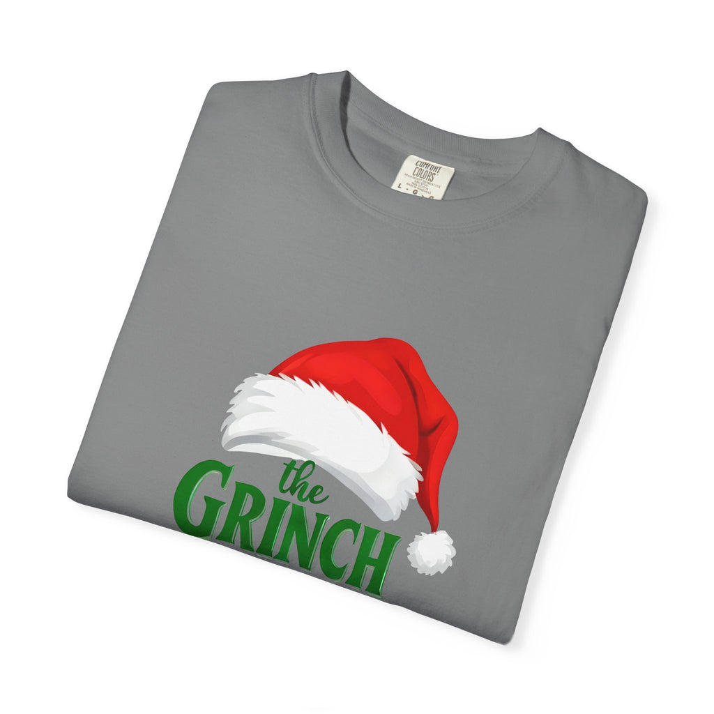 Grey crewneck T-shirt (folded) with Grinch wearing red Santa hat and green “GRINCH”
