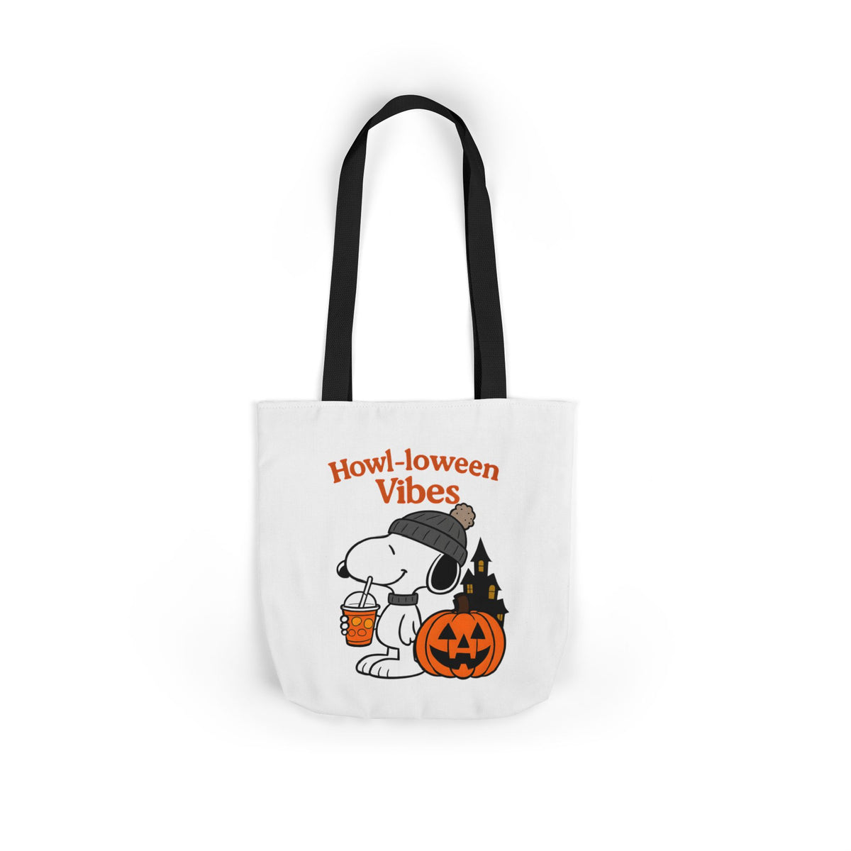 White canvas tote bag with black handles, 'Howl-loween Vibes' pumpkin dog print