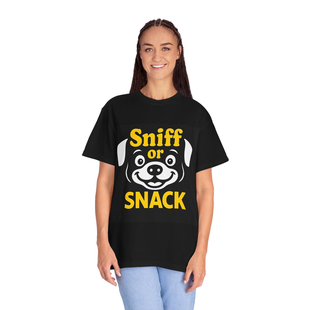 Sniff or Snack Dog Lover Unisex T-Shirt, Yellow text, Dog Apparel, Pet Owner Gift, Animal Lover Tee, Funny Canine Shirt