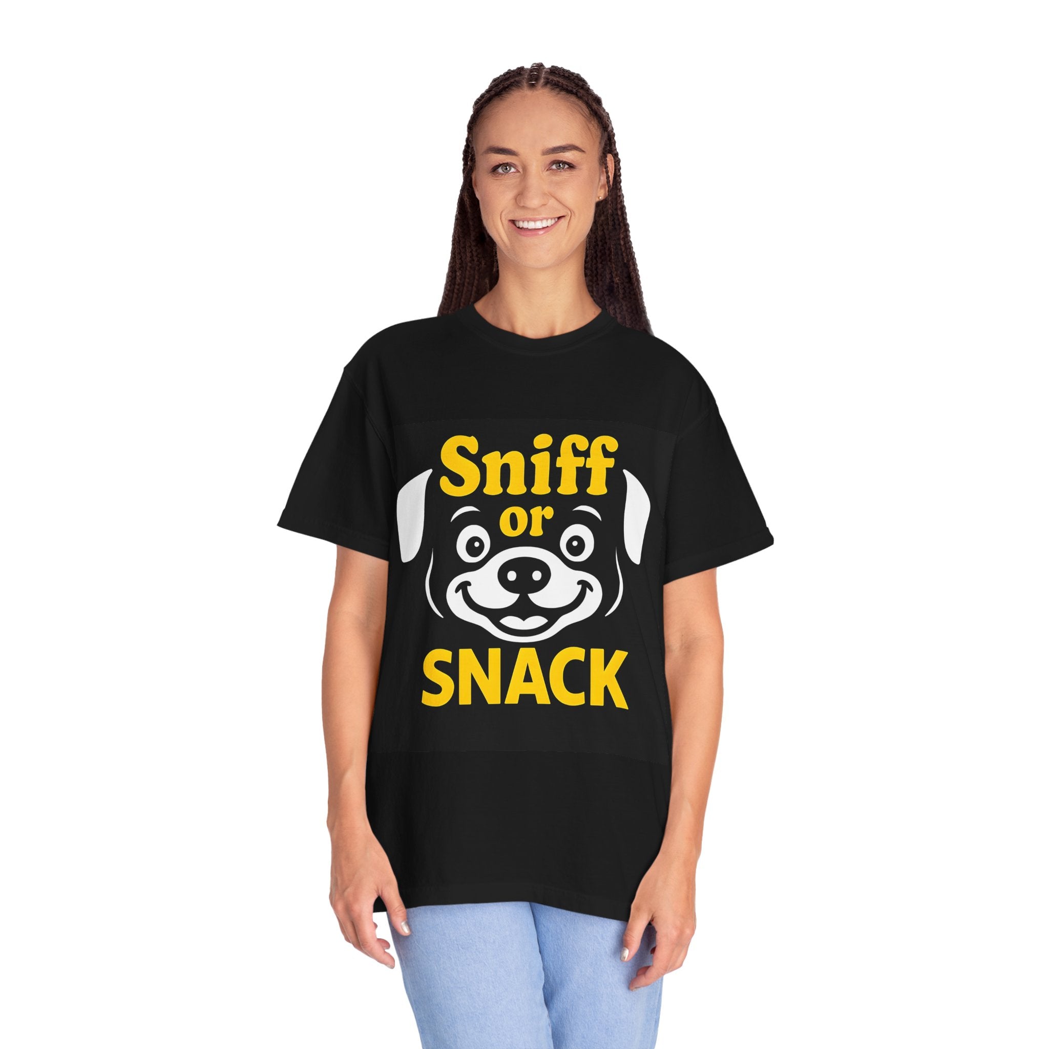 Sniff or Snack Dog Lover Unisex T-Shirt, Yellow text, Dog Apparel, Pet Owner Gift, Animal Lover Tee, Funny Canine Shirt