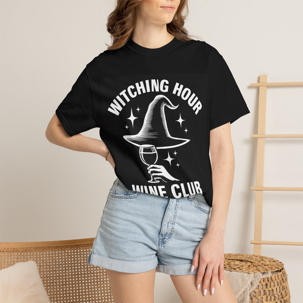 Black crew-neck T-shirt with witch-hat and wine-glass front graphic