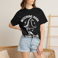 Black crew-neck T-shirt with witch-hat and wine-glass front graphic