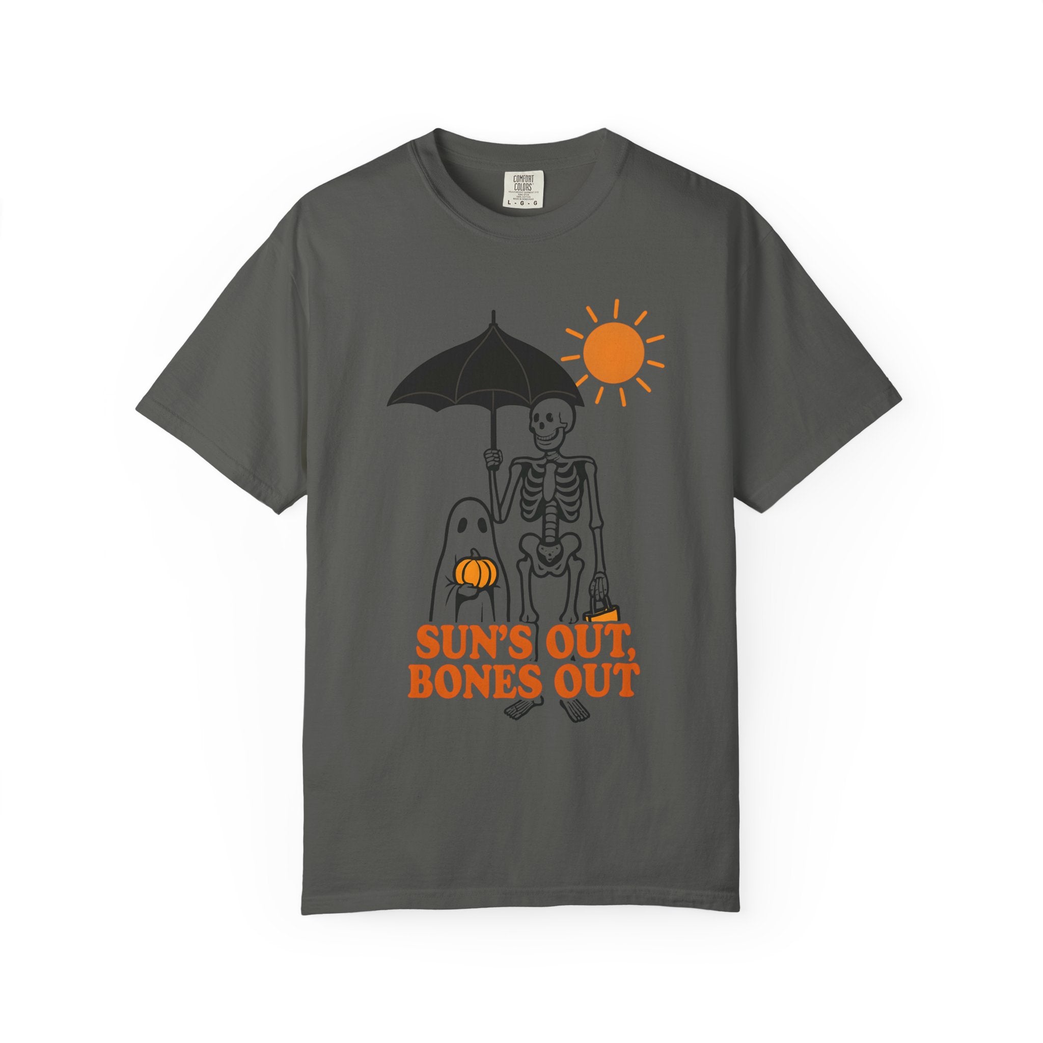 Dark gray unisex skeleton graphic T-shirt with umbrella and sun print, front