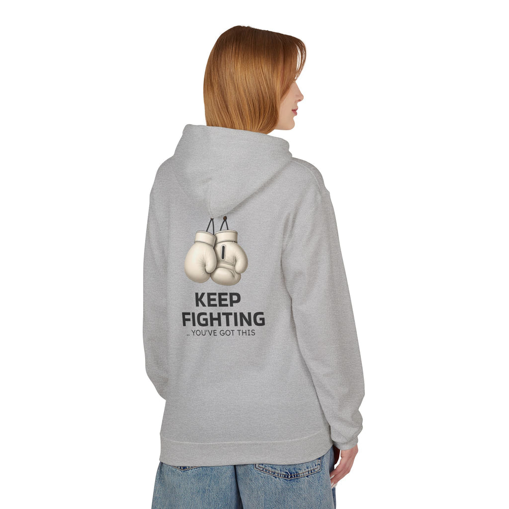 Light gray hoodie with back boxing-glove graphic and “KEEP FIGHTING” text