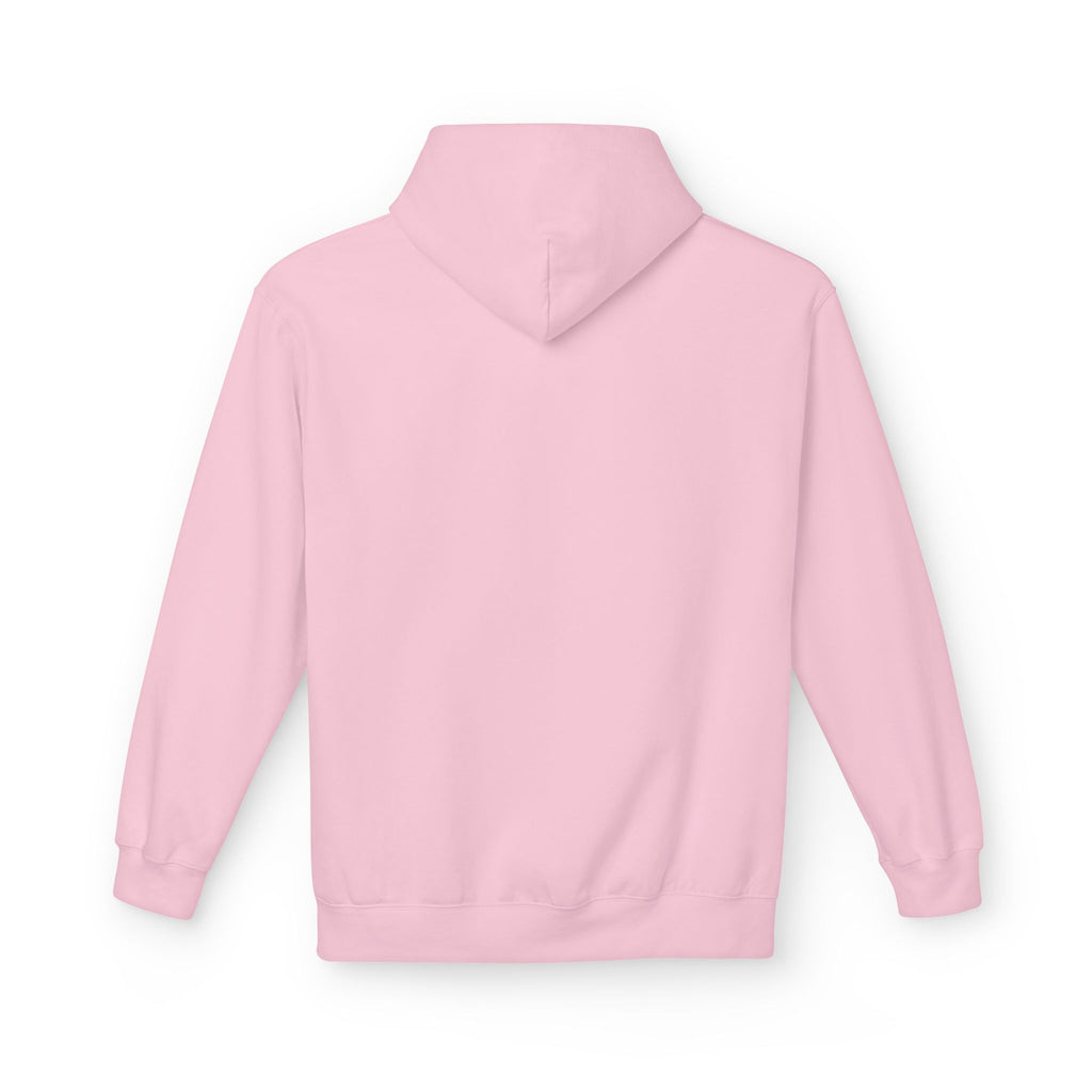 Light pink pullover hoodie back view with hood and long sleeves
