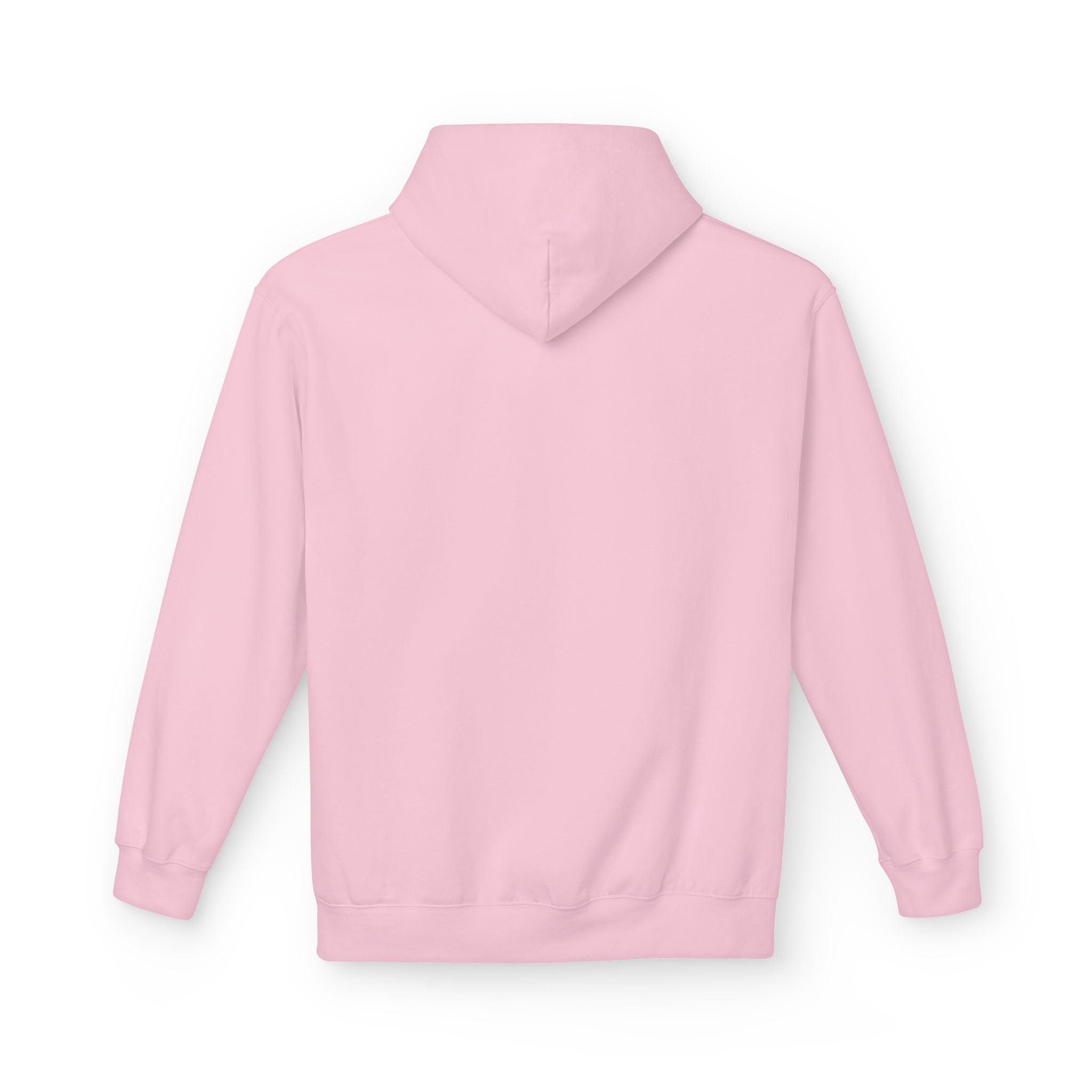 Light pink pullover hoodie back view with hood and long sleeves