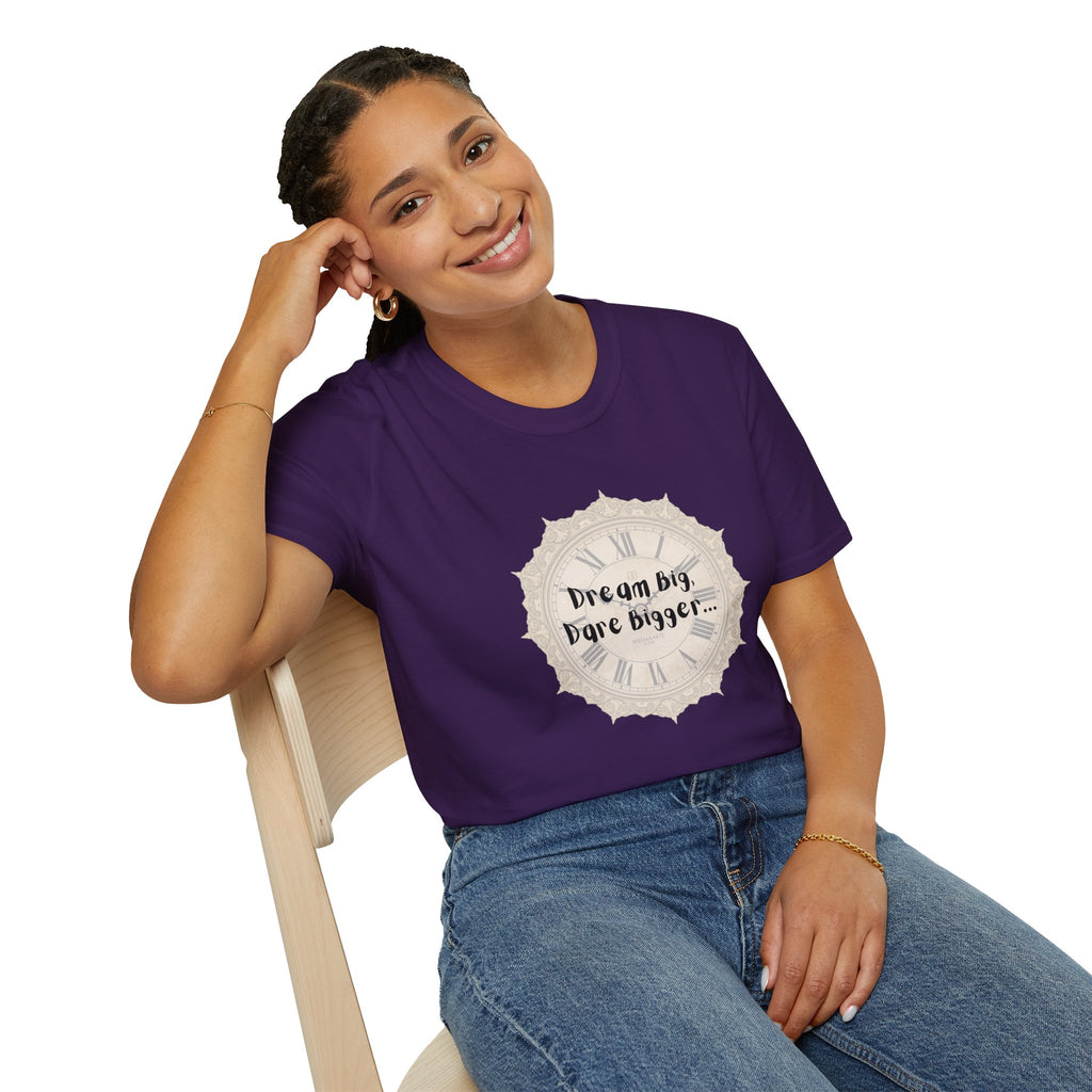 Purple T-shirt on model with front white 'Dream big, Dare bigger...' graphic