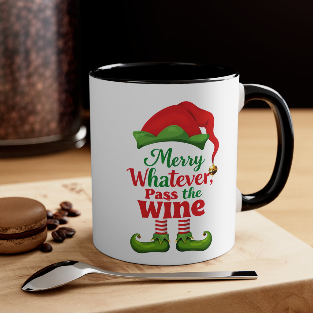 Black coffee mug with spoon, Christmas elf graphic, “Merry Whatever, Pass the Wine”