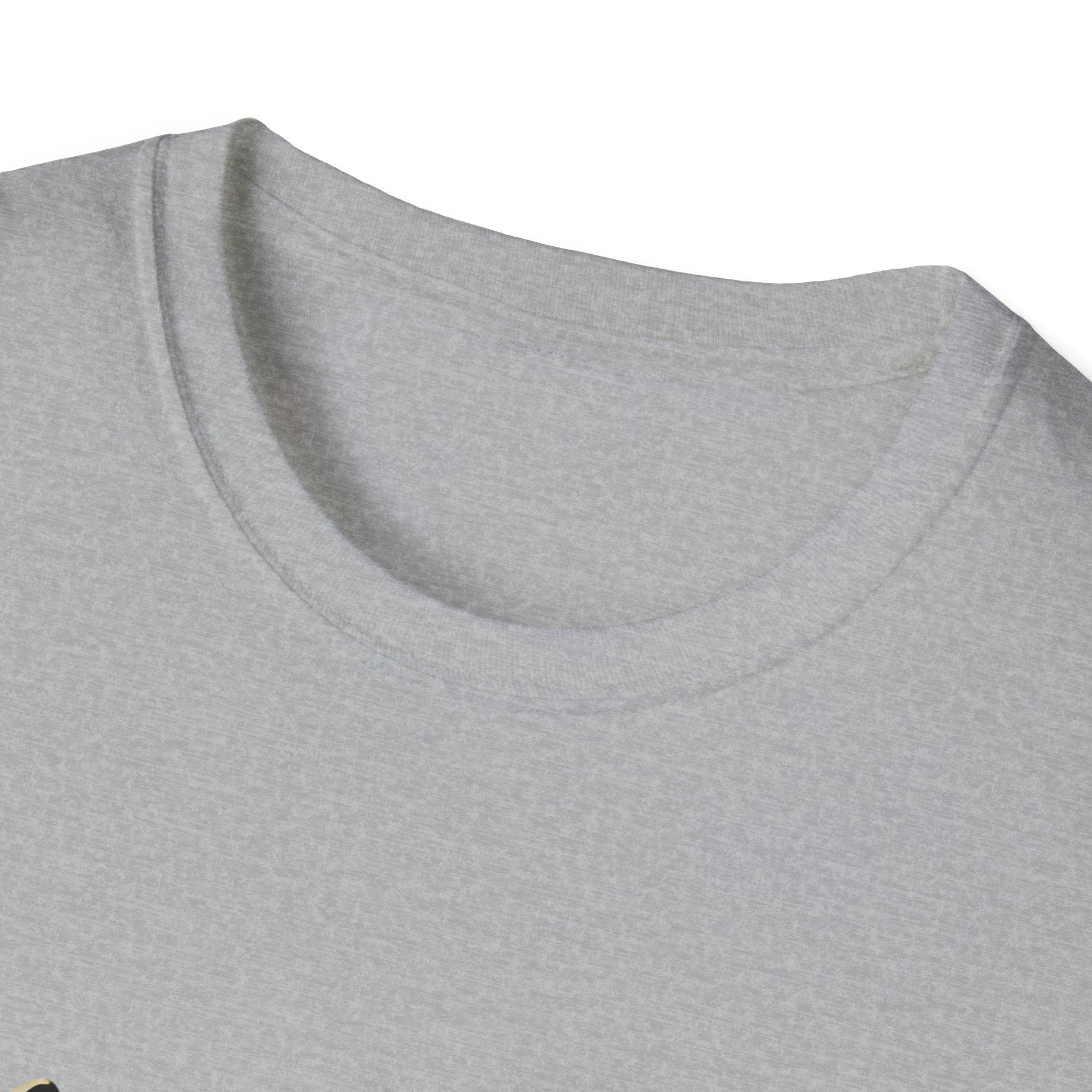 Unisex softstyle t-shirt neckline close-up in light grey, ribbed crew neck seam detail