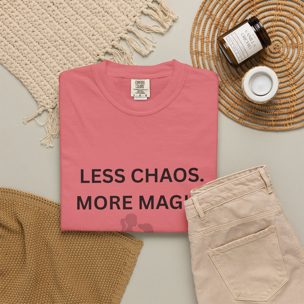 Less Chaos, More Magic T-Shirt — Woman + Dog Silhouette Graphic Tee