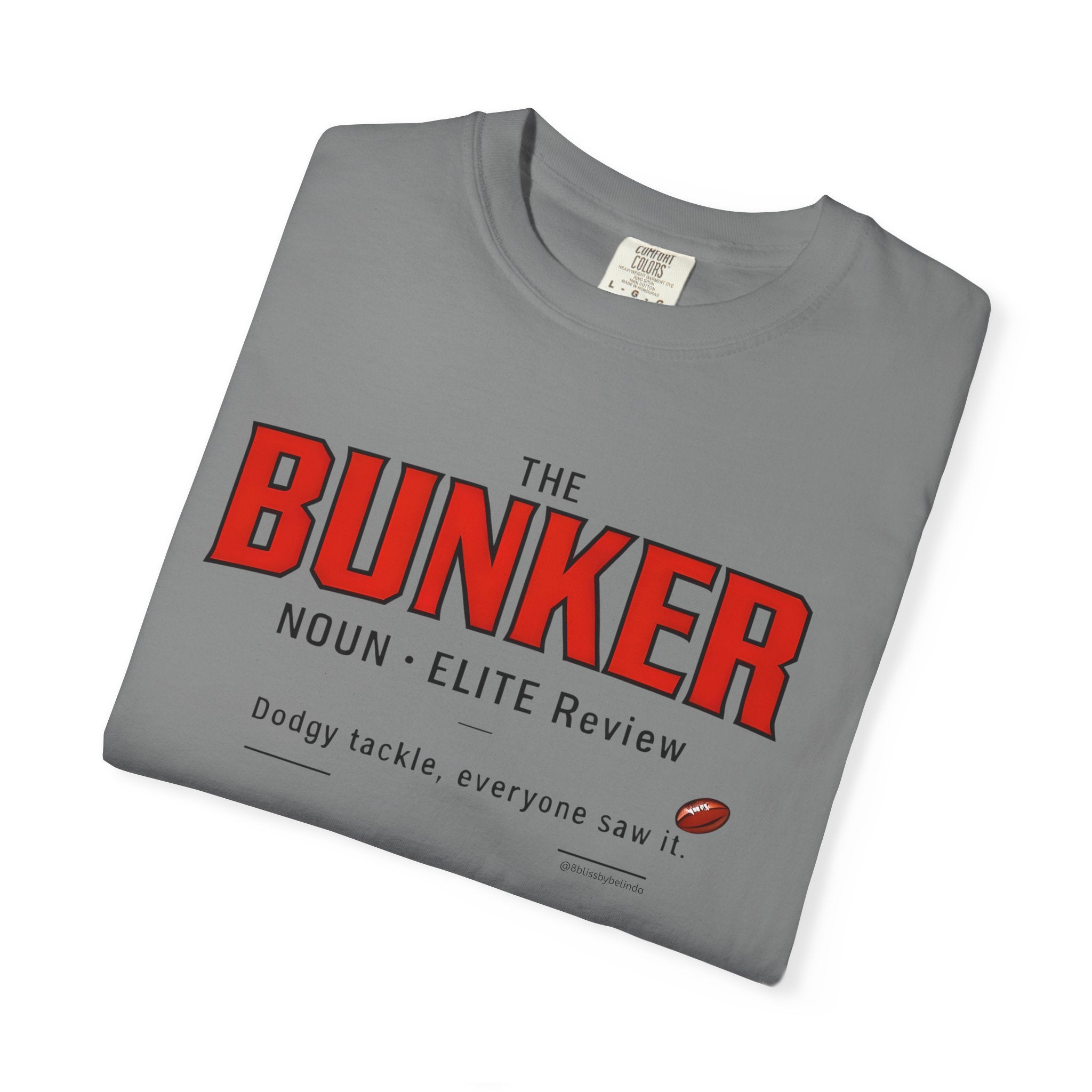 Dark gray crew-neck T-shirt front graphic with red 'BUNKER' and definition text