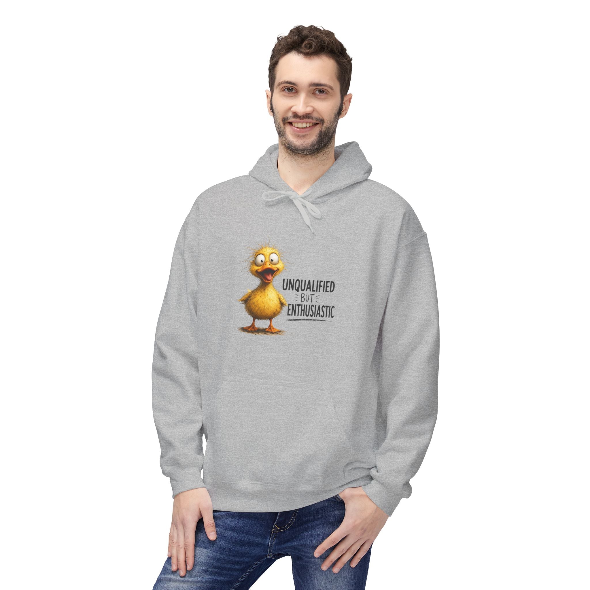 Light gray duck graphic hoodie with front pocket and kangaroo hood