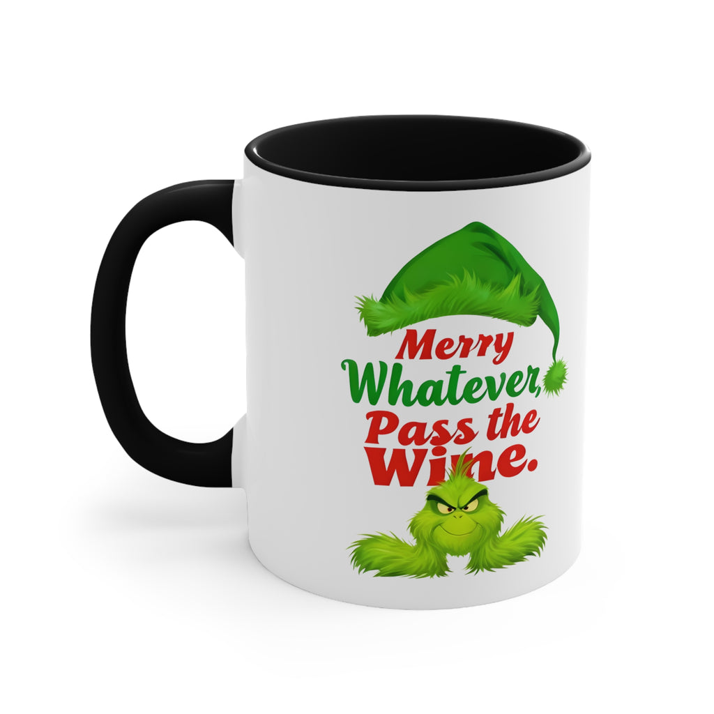 White Christmas mug with black handle/rim, green elf graphic and text “Merry Whatever Pass the Wine.”