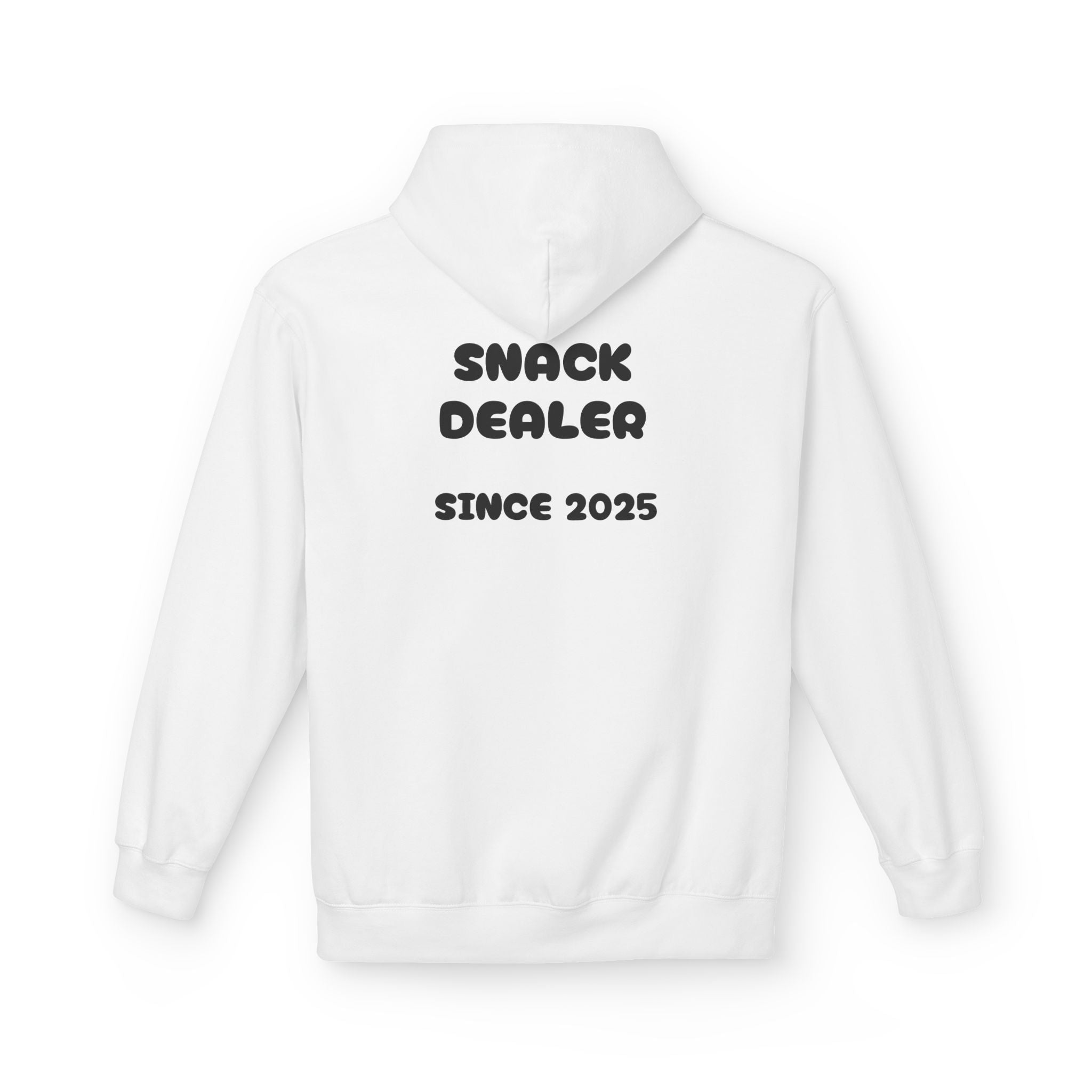 White hoodie with kangaroo pocket and hood, text SNACK DEALER SINCE 2025